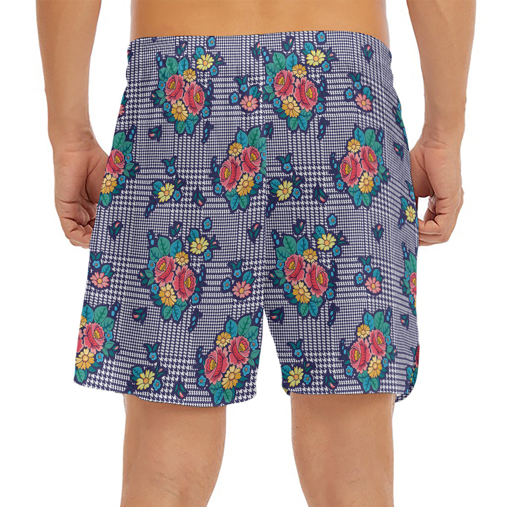 Blue And White Floral Glen Plaid Print Men's Split Running Shorts