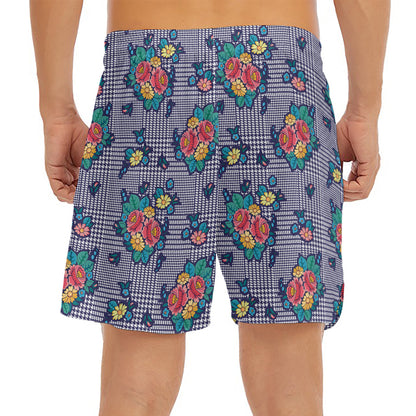 Blue And White Floral Glen Plaid Print Men's Split Running Shorts