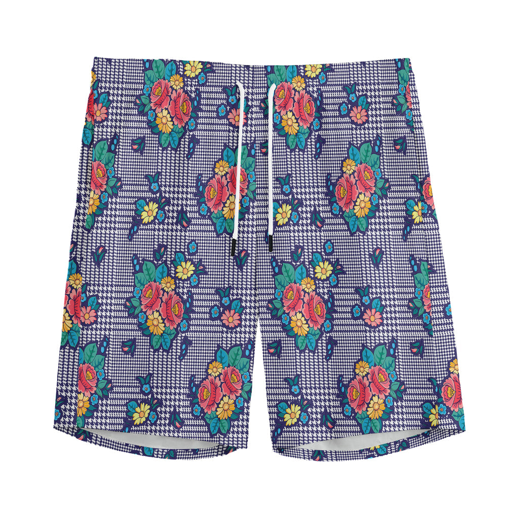 Blue And White Floral Glen Plaid Print Men's Sports Shorts