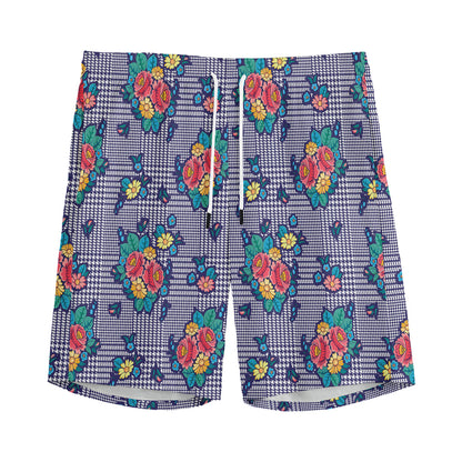 Blue And White Floral Glen Plaid Print Men's Sports Shorts