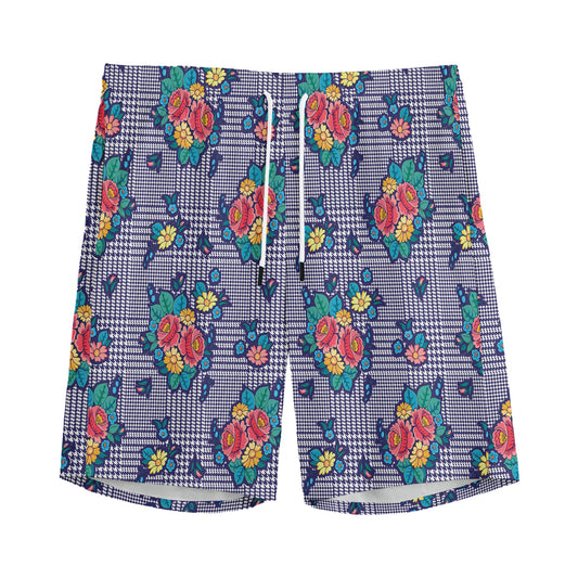 Blue And White Floral Glen Plaid Print Men's Sports Shorts