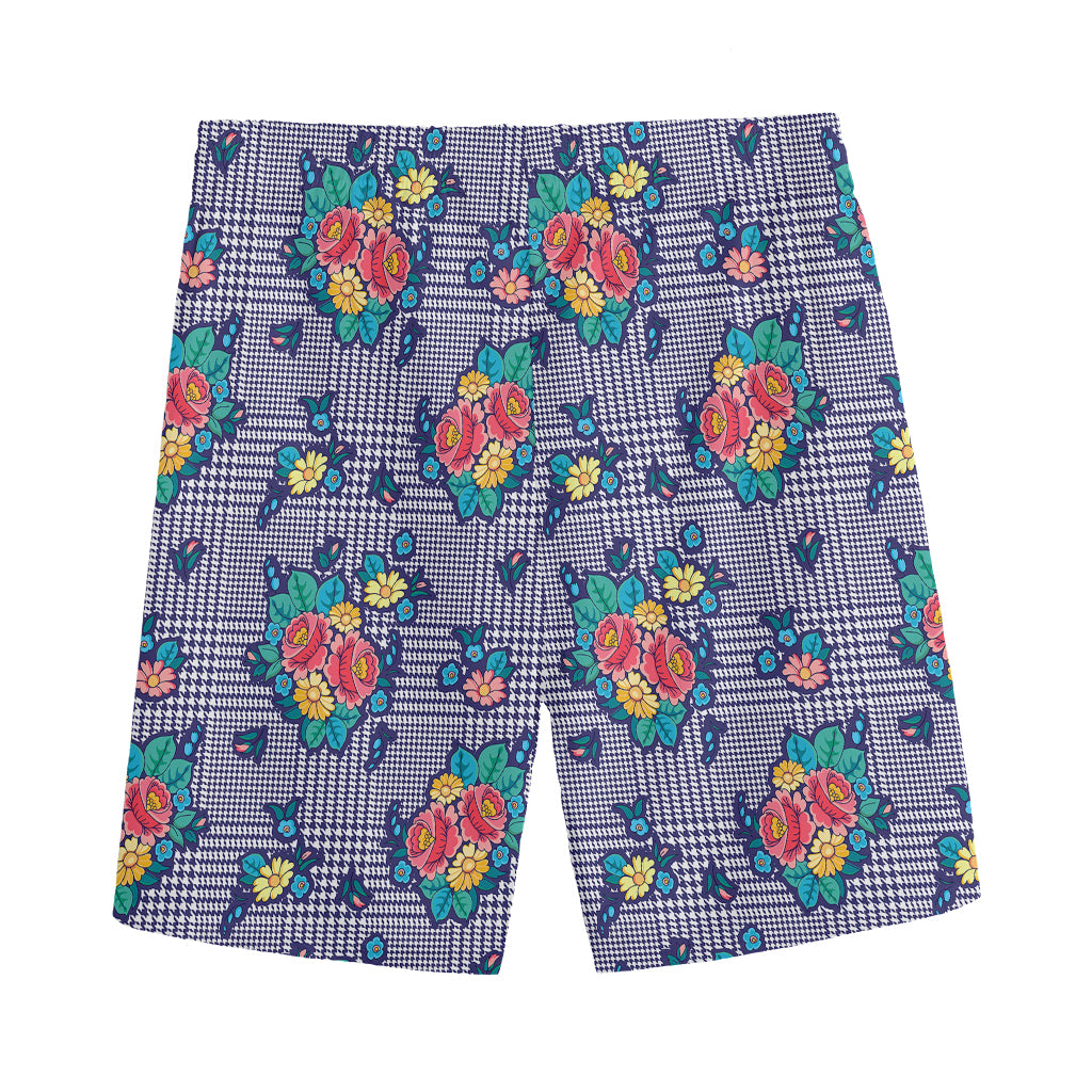 Blue And White Floral Glen Plaid Print Men's Sports Shorts