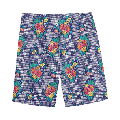Blue And White Floral Glen Plaid Print Men's Sports Shorts