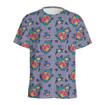 Blue And White Floral Glen Plaid Print Men's Sports T-Shirt
