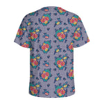 Blue And White Floral Glen Plaid Print Men's Sports T-Shirt