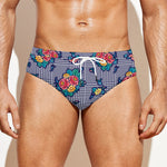 Blue And White Floral Glen Plaid Print Men's Swim Briefs