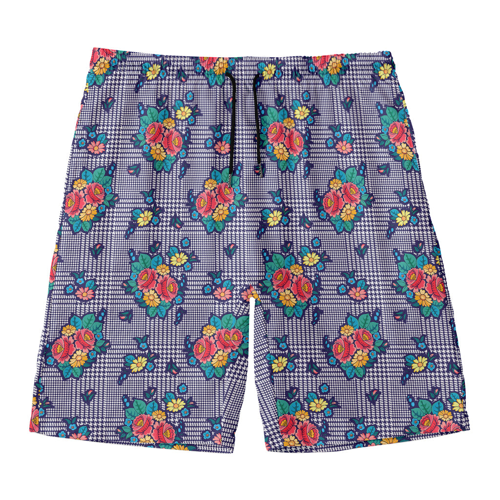Blue And White Floral Glen Plaid Print Men's Swim Trunks
