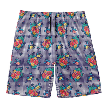 Blue And White Floral Glen Plaid Print Men's Swim Trunks