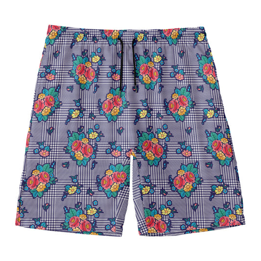 Blue And White Floral Glen Plaid Print Men's Swim Trunks