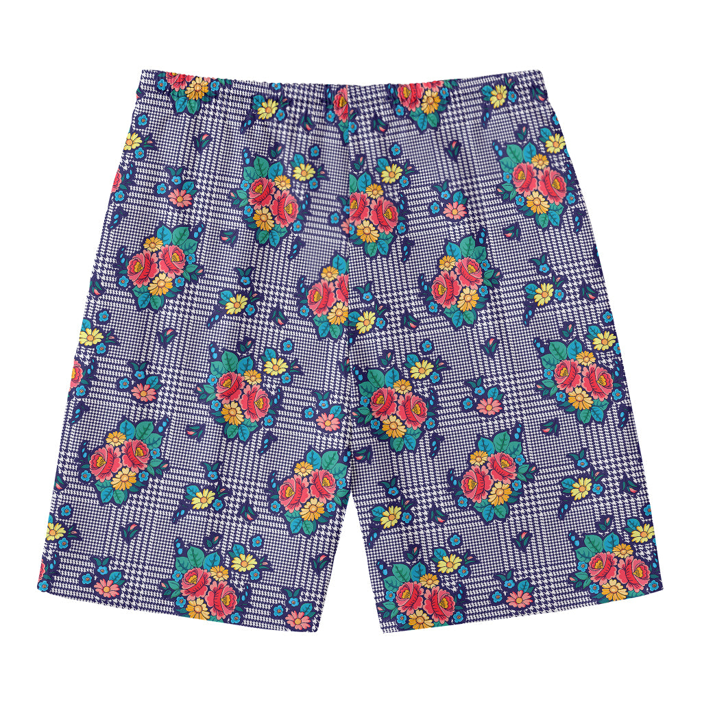 Blue And White Floral Glen Plaid Print Men's Swim Trunks