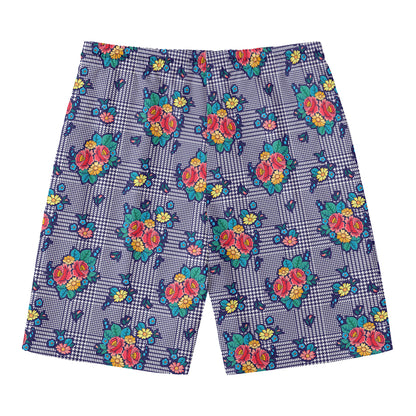 Blue And White Floral Glen Plaid Print Men's Swim Trunks