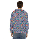 Blue And White Floral Glen Plaid Print Men's Velvet Pullover Hoodie