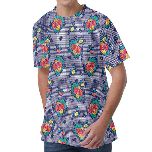 Blue And White Floral Glen Plaid Print Men's Velvet T-Shirt