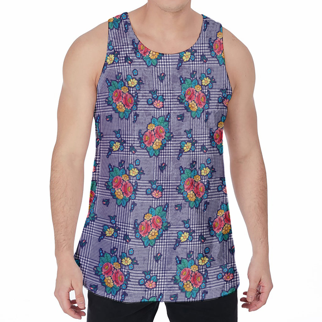 Blue And White Floral Glen Plaid Print Men's Velvet Tank Top