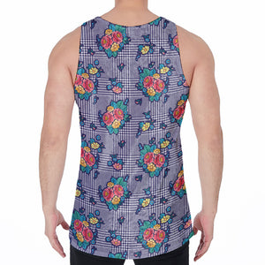 Blue And White Floral Glen Plaid Print Men's Velvet Tank Top