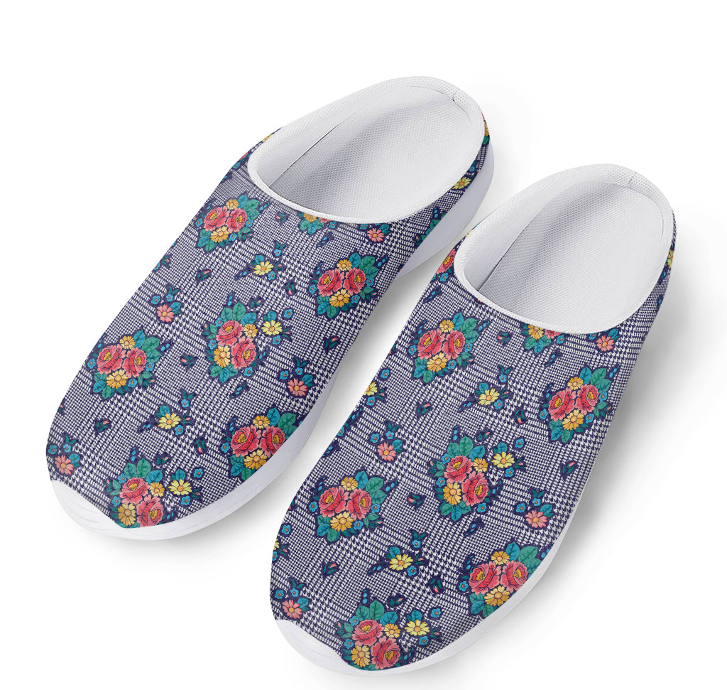 Blue And White Floral Glen Plaid Print Mesh Casual Shoes