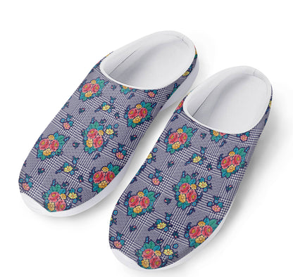 Blue And White Floral Glen Plaid Print Mesh Casual Shoes