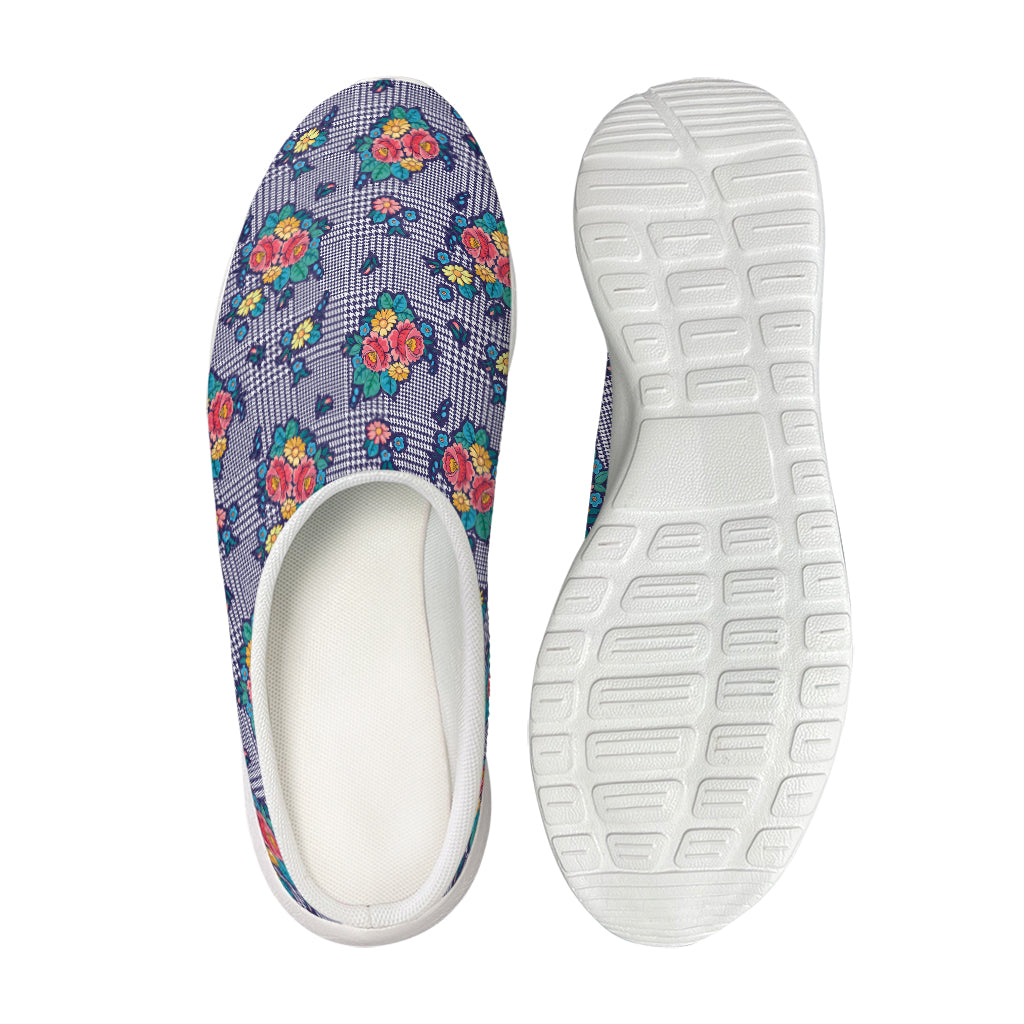 Blue And White Floral Glen Plaid Print Mesh Casual Shoes