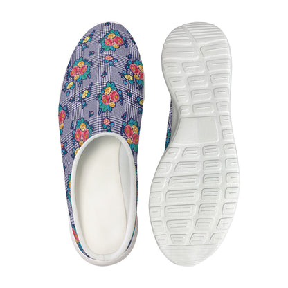 Blue And White Floral Glen Plaid Print Mesh Casual Shoes