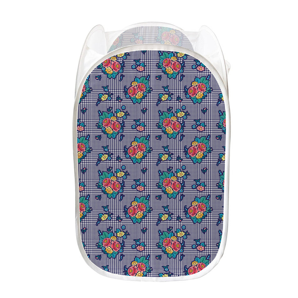 Blue And White Floral Glen Plaid Print Mesh Laundry Hamper