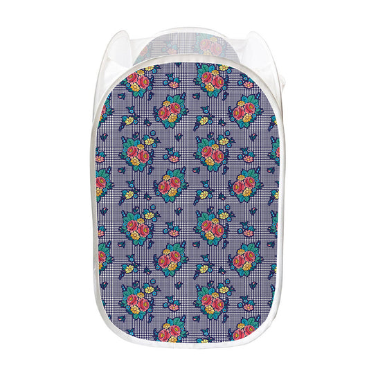 Blue And White Floral Glen Plaid Print Mesh Laundry Hamper