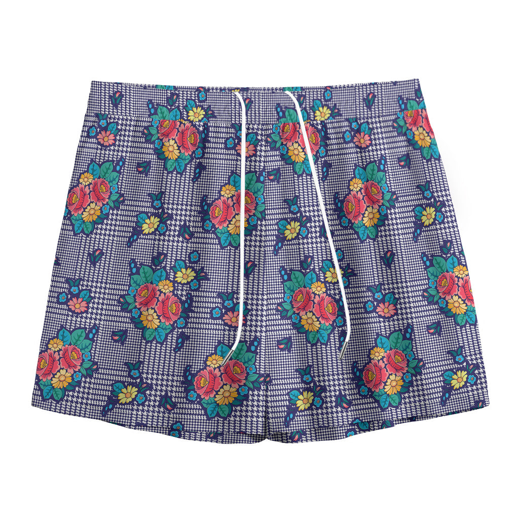 Blue And White Floral Glen Plaid Print Mesh Shorts