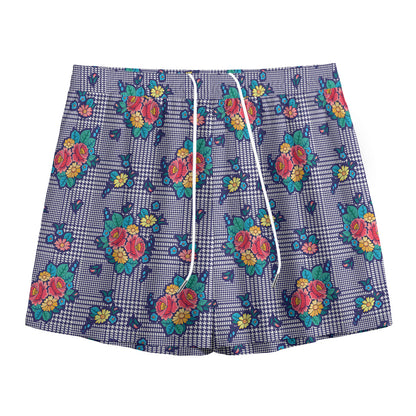 Blue And White Floral Glen Plaid Print Mesh Shorts