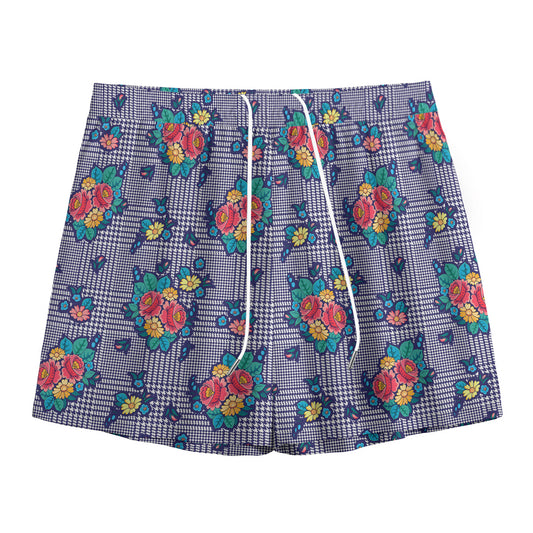 Blue And White Floral Glen Plaid Print Mesh Shorts