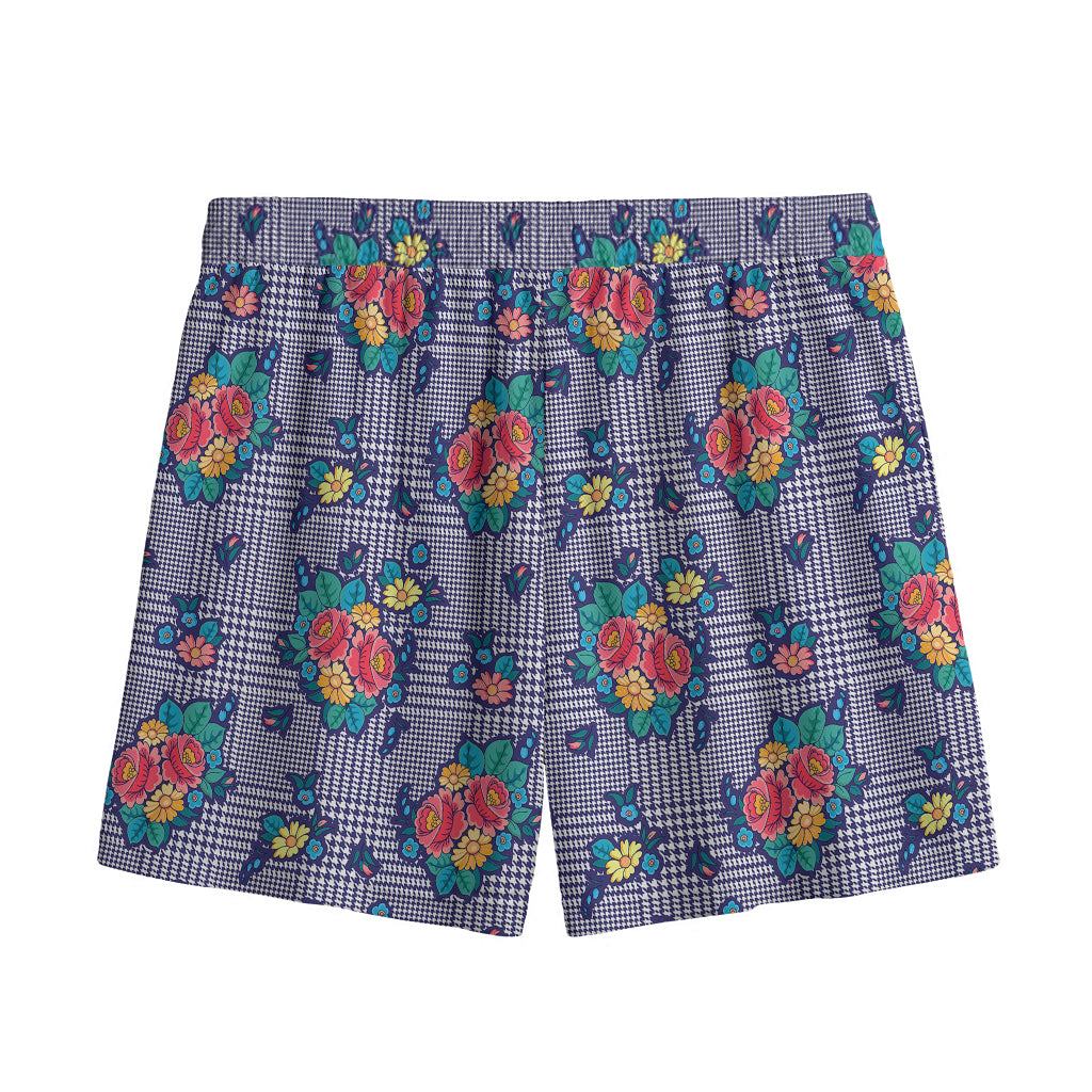 Blue And White Floral Glen Plaid Print Mesh Shorts
