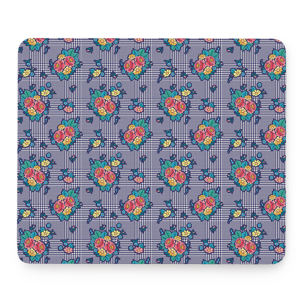 Blue And White Floral Glen Plaid Print Mouse Pad