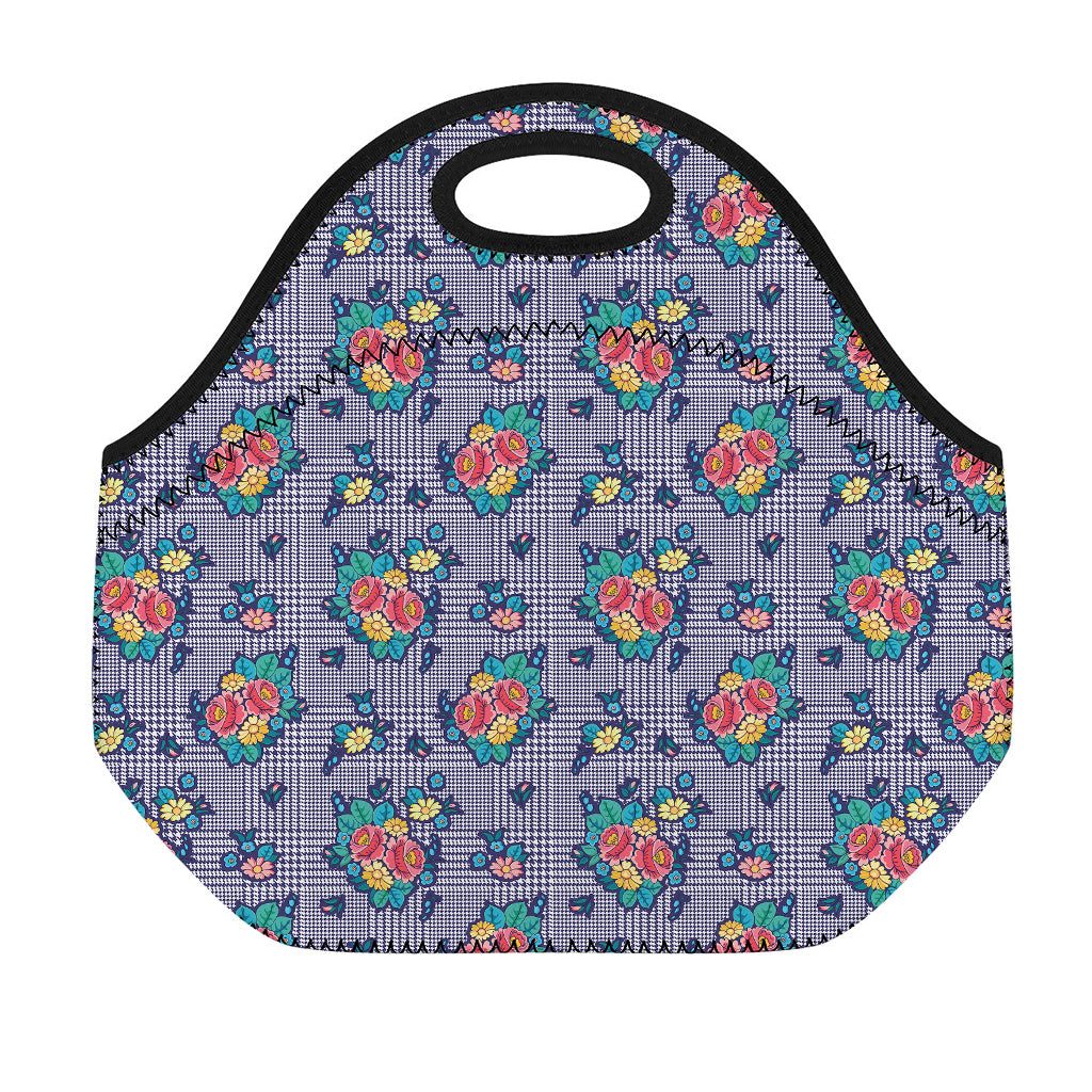 Blue And White Floral Glen Plaid Print Neoprene Lunch Bag
