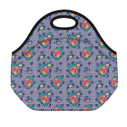 Blue And White Floral Glen Plaid Print Neoprene Lunch Bag