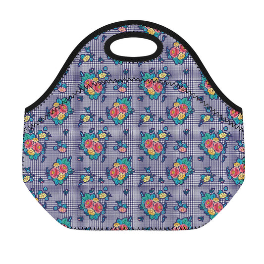 Blue And White Floral Glen Plaid Print Neoprene Lunch Bag