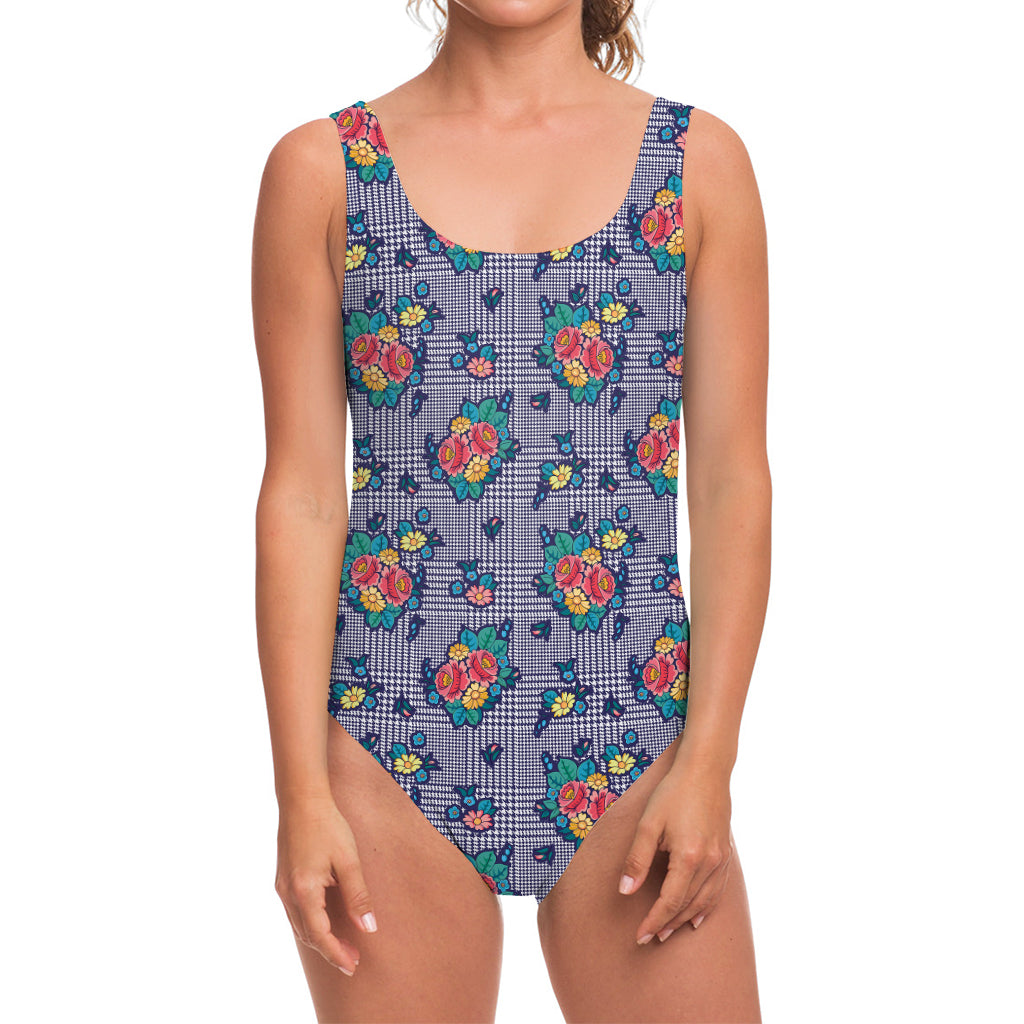 Blue And White Floral Glen Plaid Print One Piece Swimsuit