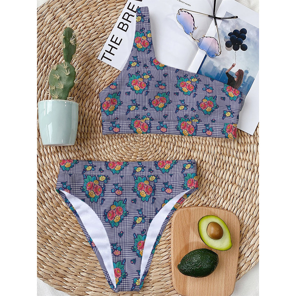 Blue And White Floral Glen Plaid Print One Shoulder Bikini Top