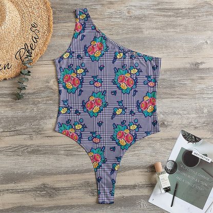 Blue And White Floral Glen Plaid Print One Shoulder Bodysuit