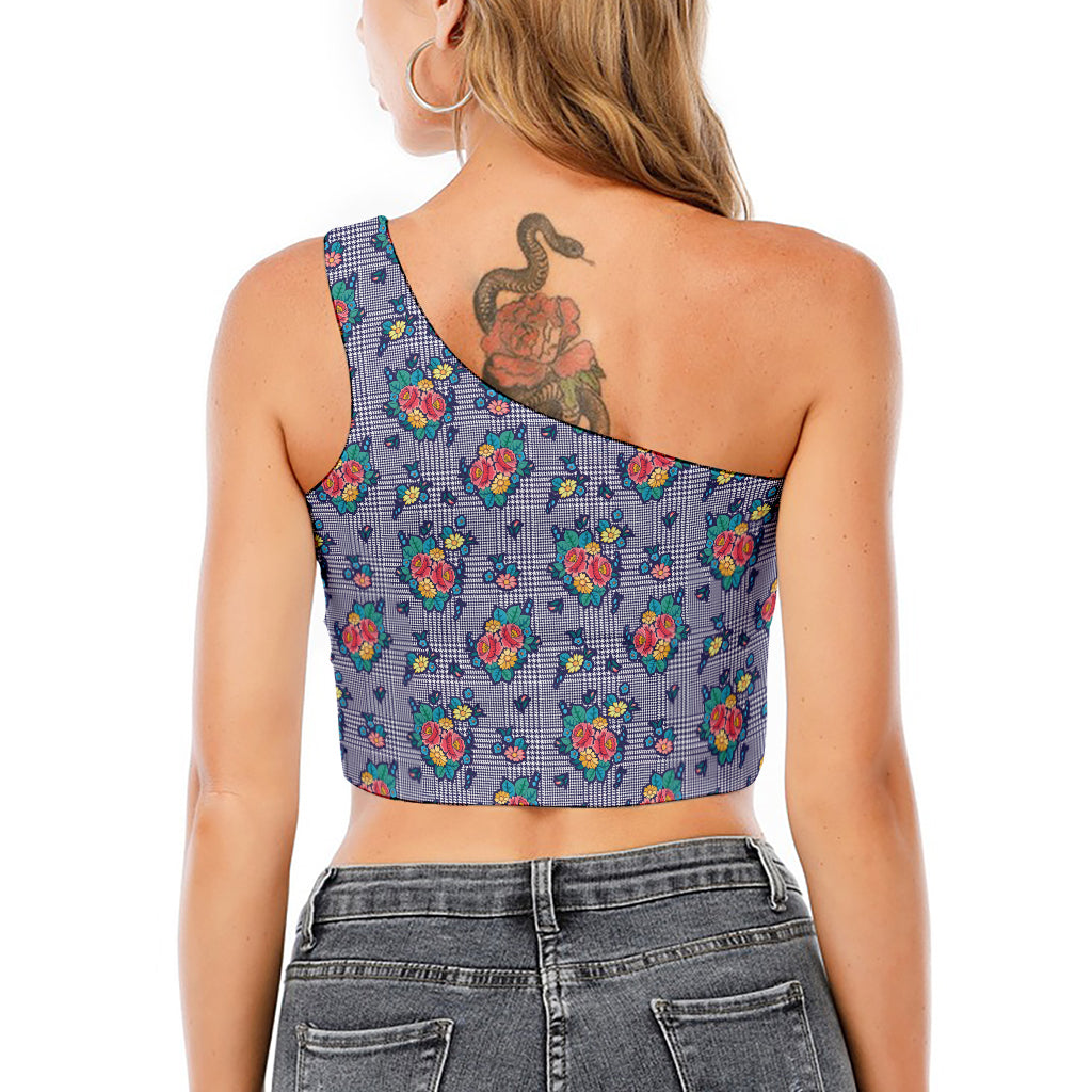 Blue And White Floral Glen Plaid Print One Shoulder Crop Top