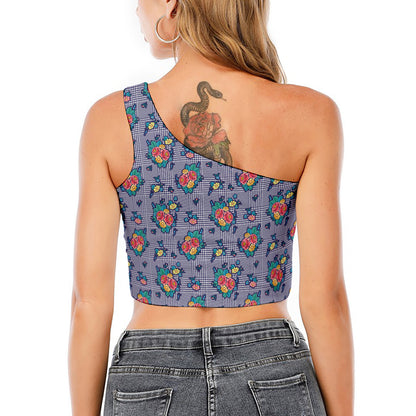 Blue And White Floral Glen Plaid Print One Shoulder Crop Top