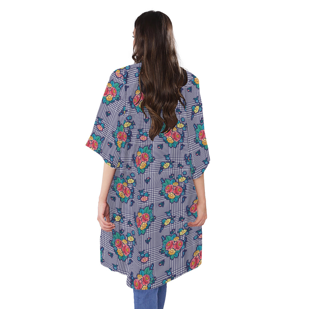 Blue And White Floral Glen Plaid Print Open Front Beach Cover Up
