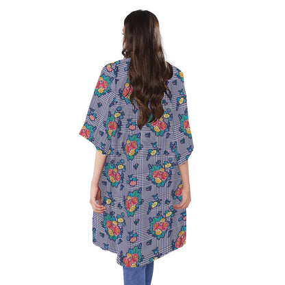 Blue And White Floral Glen Plaid Print Open Front Beach Cover Up