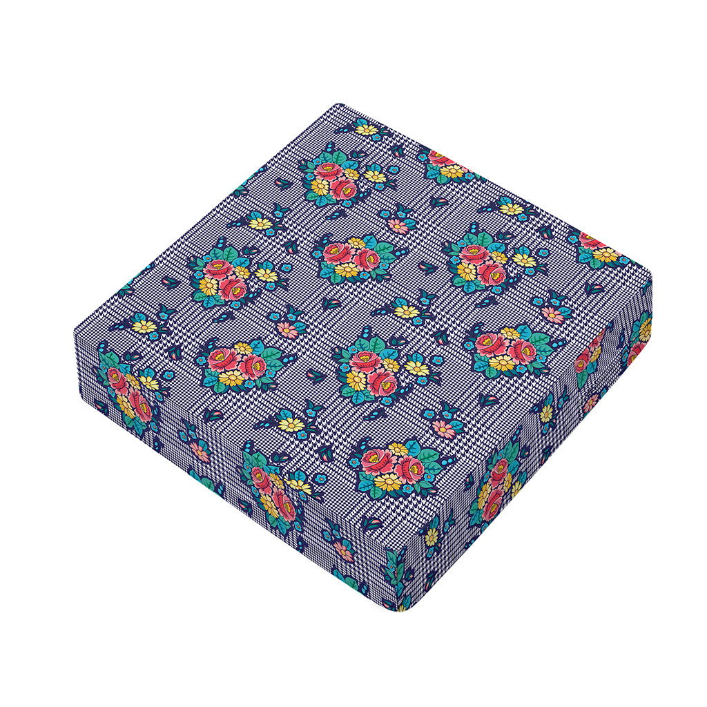 Blue And White Floral Glen Plaid Print Outdoor Seat Cushion Cover