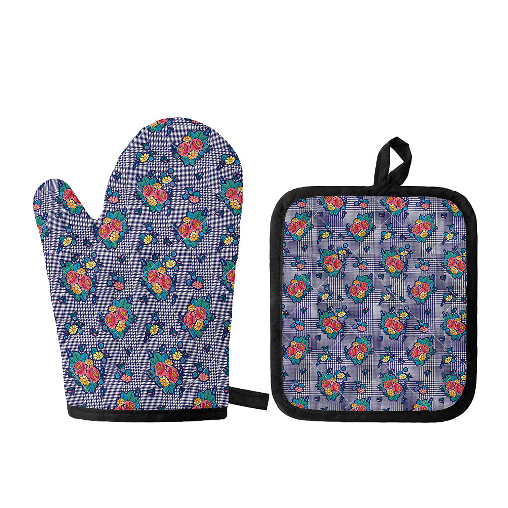 Blue And White Floral Glen Plaid Print Oven Mitt And Pot Holder Set