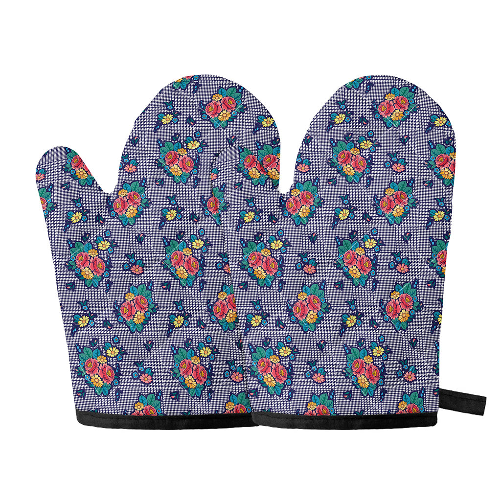 Blue And White Floral Glen Plaid Print Oven Mitts