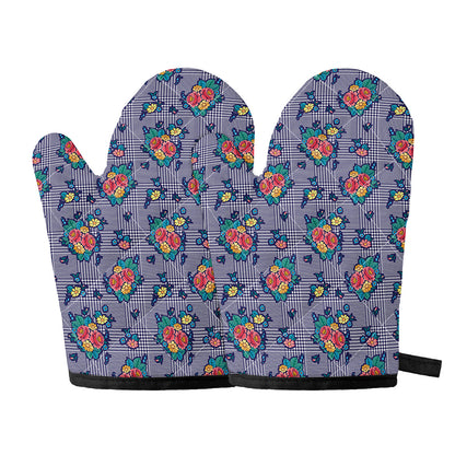 Blue And White Floral Glen Plaid Print Oven Mitts