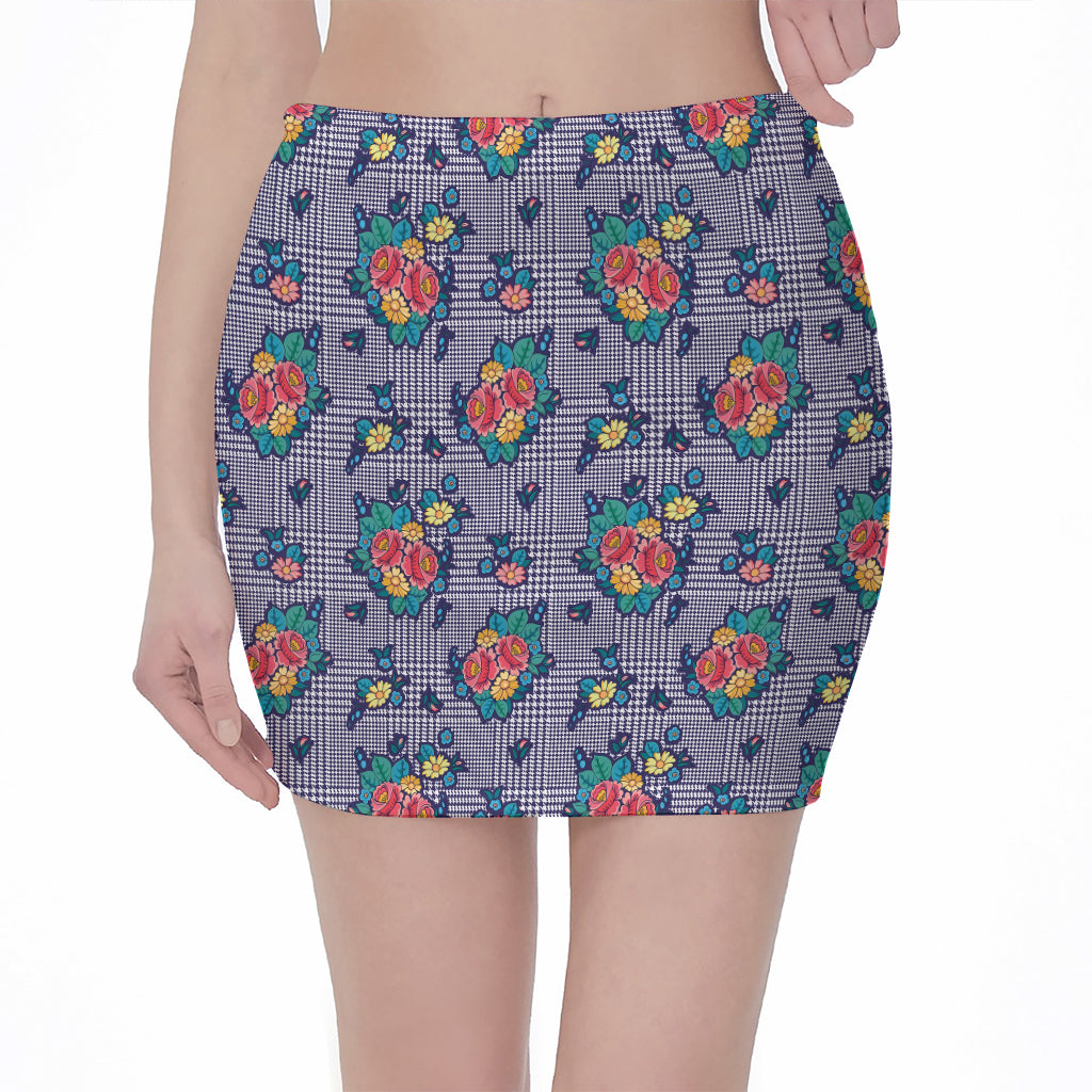 Blue And White Floral Glen Plaid Print Pencil Mini Skirt