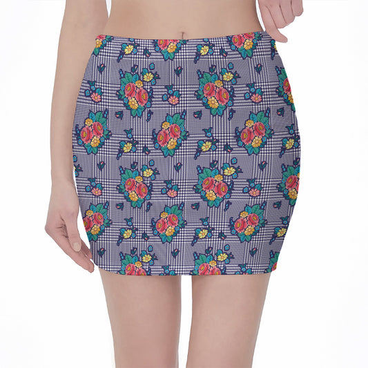 Blue And White Floral Glen Plaid Print Pencil Mini Skirt