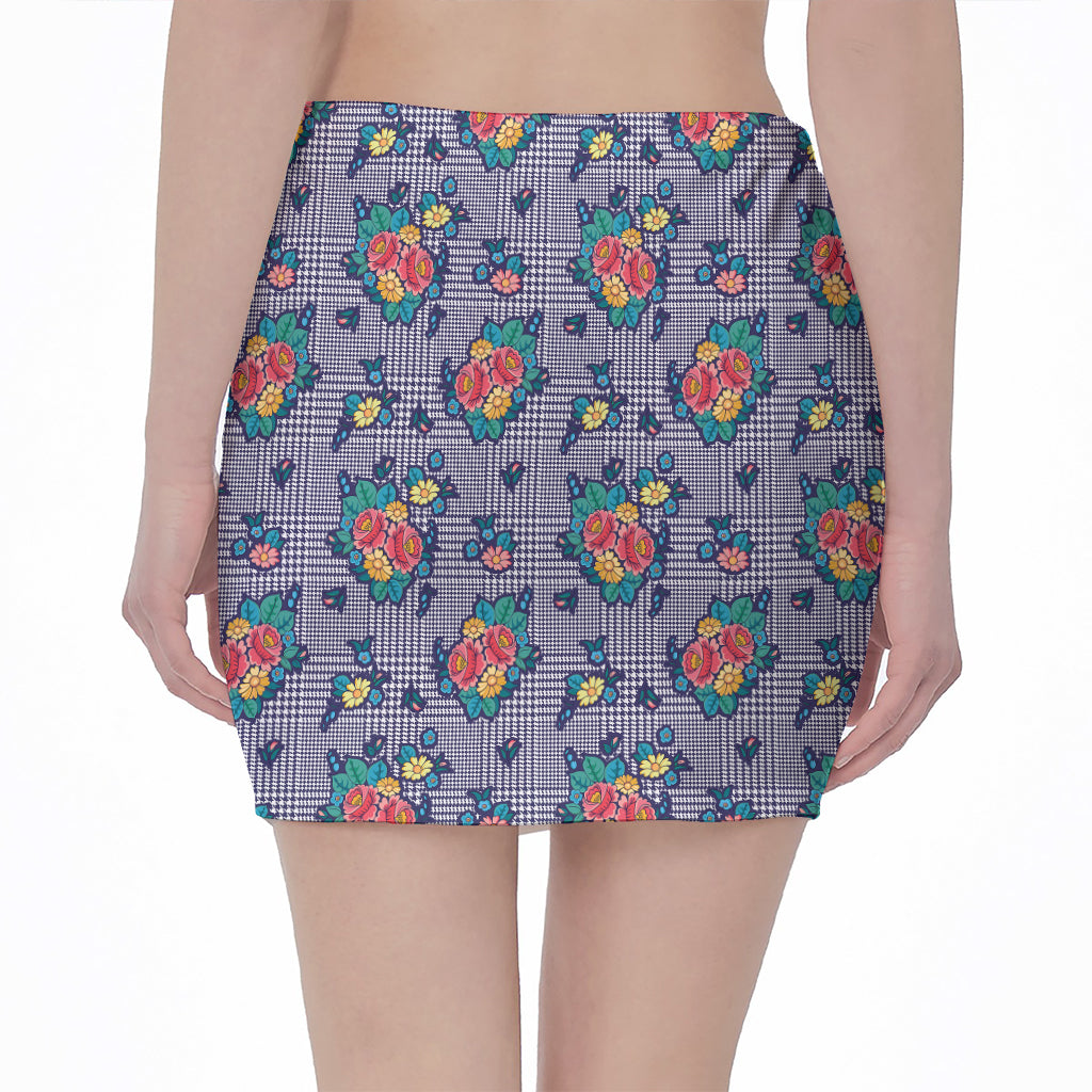 Blue And White Floral Glen Plaid Print Pencil Mini Skirt