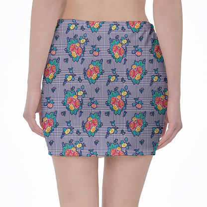 Blue And White Floral Glen Plaid Print Pencil Mini Skirt