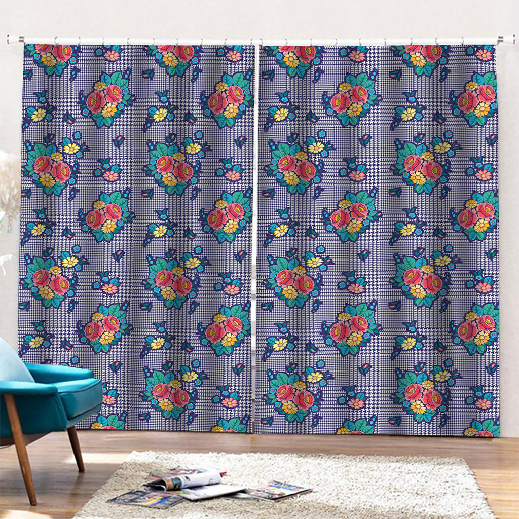 Blue And White Floral Glen Plaid Print Pencil Pleat Curtains