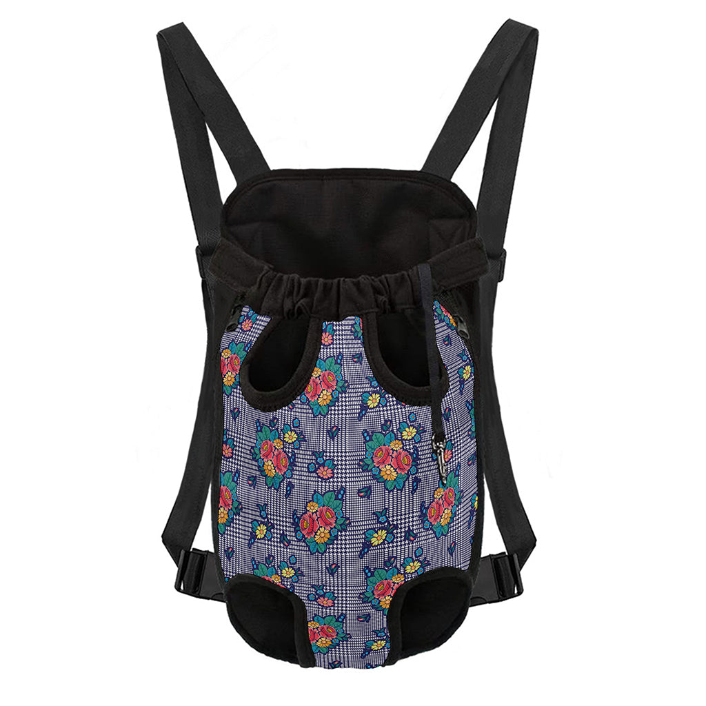 Blue And White Floral Glen Plaid Print Pet Carrier Backpack